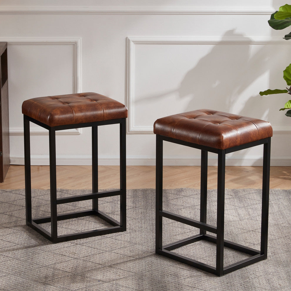 Set of 2 Button Tufted Faux Leather Counter Stools, Yellowish-Brown, 28 in