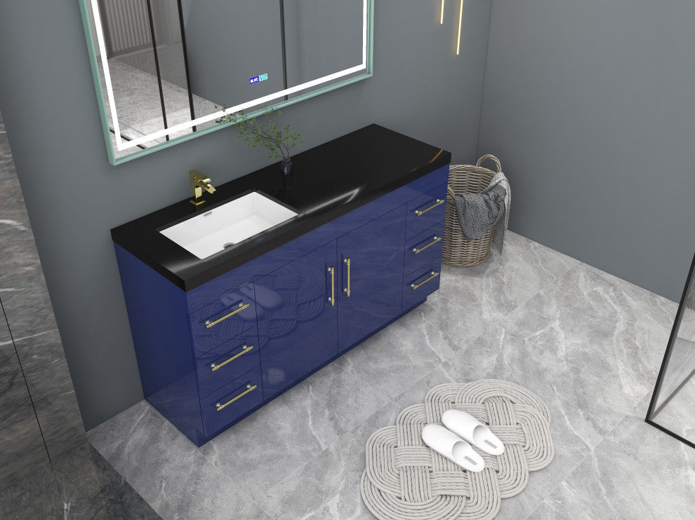 Rosa 60" Free Standing Modern Vanity, High Gloss Night Blue, Matt Black Top