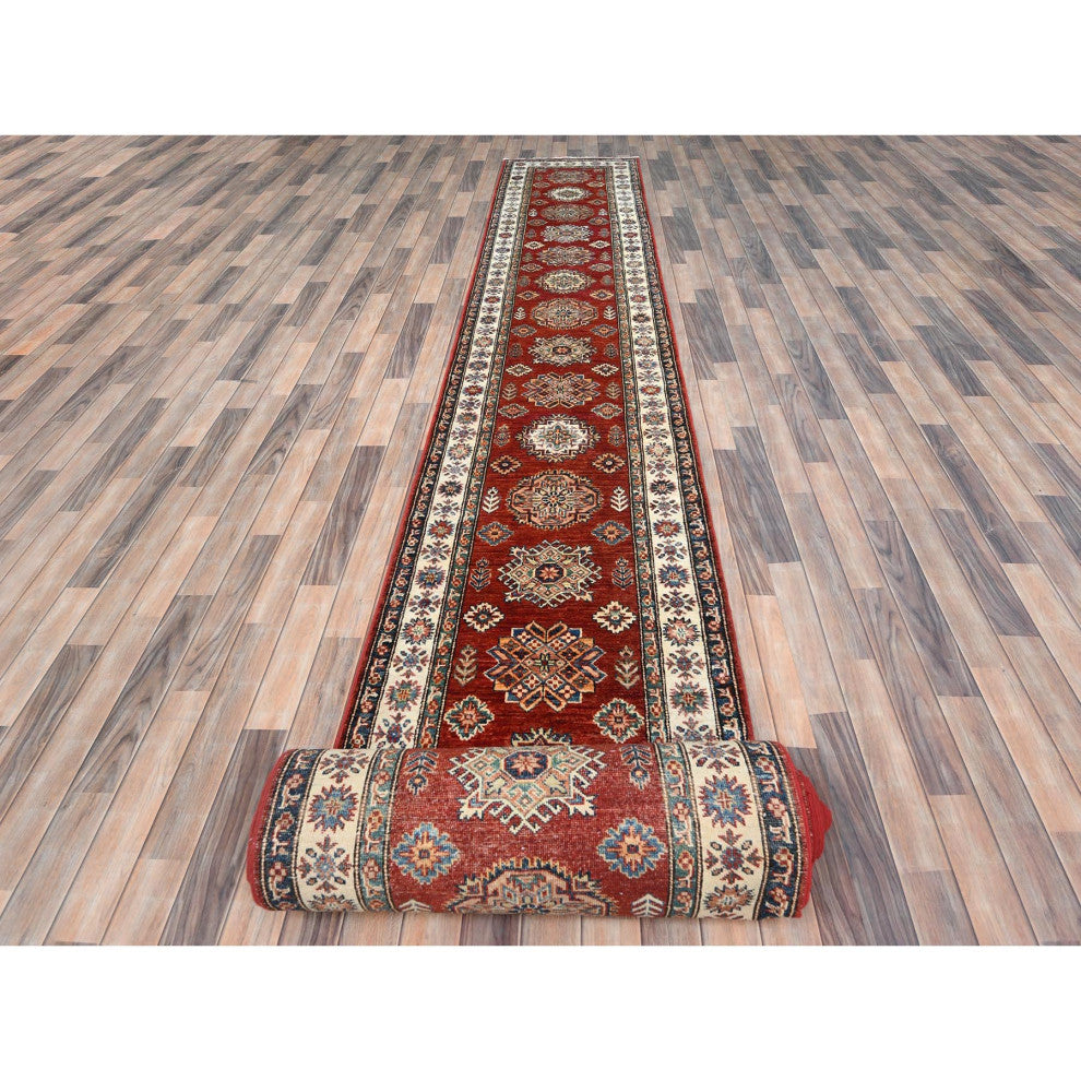 Rich Red, Afghan Super Kazak Soft Wool Hand Knotted XL Runner Rug, 2'8"x39'1"