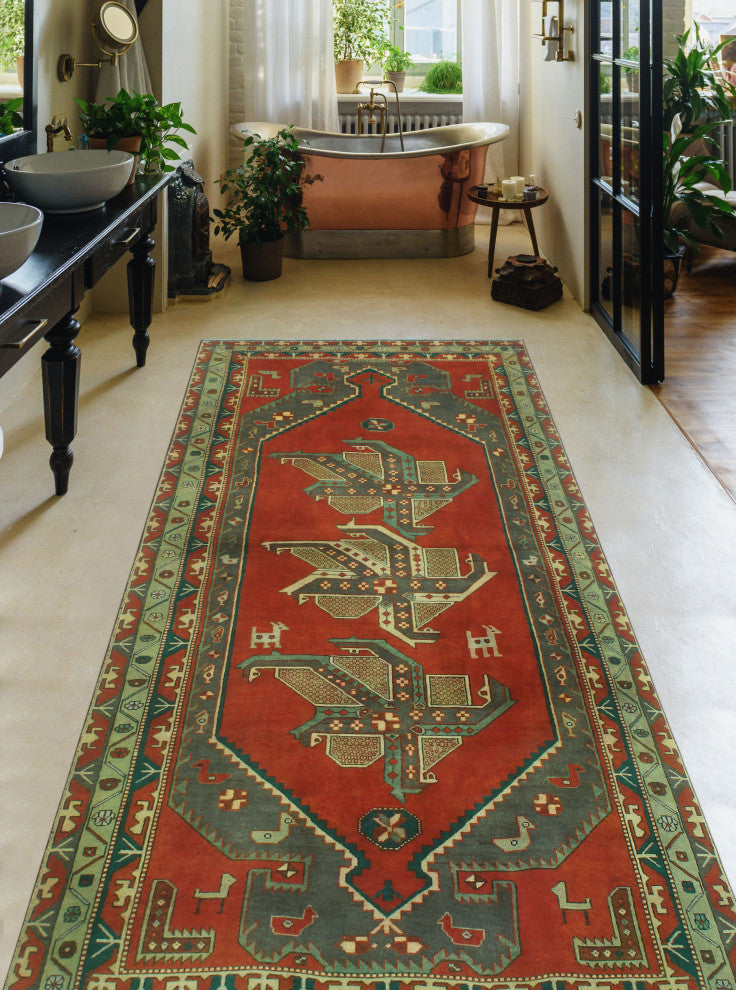 Fine Vintage Distressed Lawton Rust/Light Green Runner, 4'8x10'2