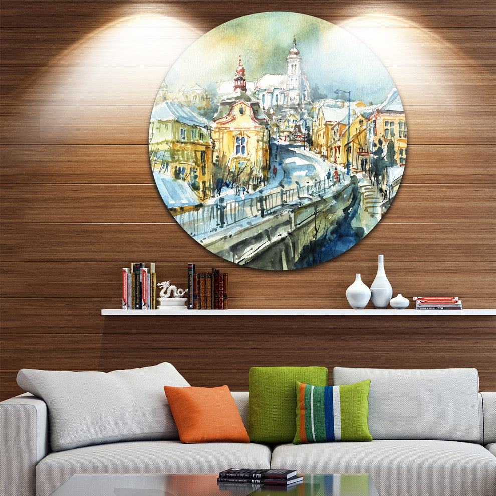 City Of Churches Watercolor, Cityscape Painting Round Wall Art, 23"