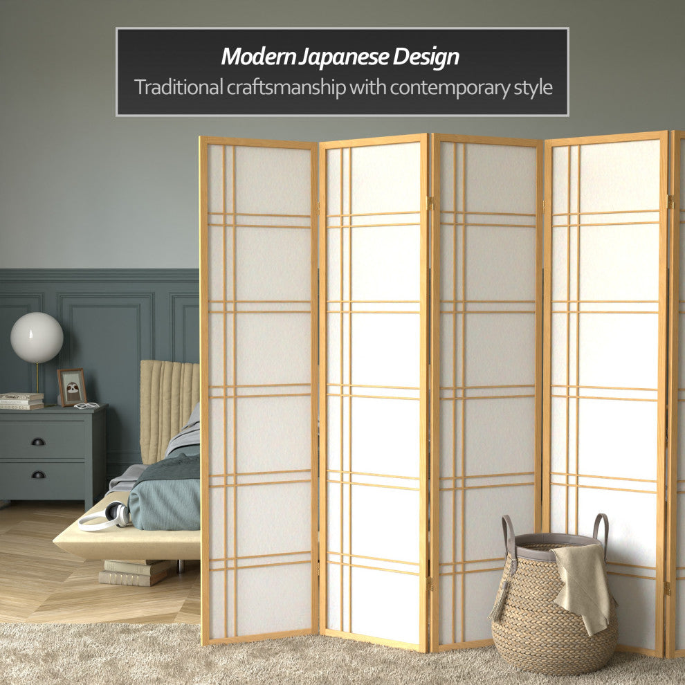 6' Tall Double Cross Shoji Screen, Natural, 6 Panels