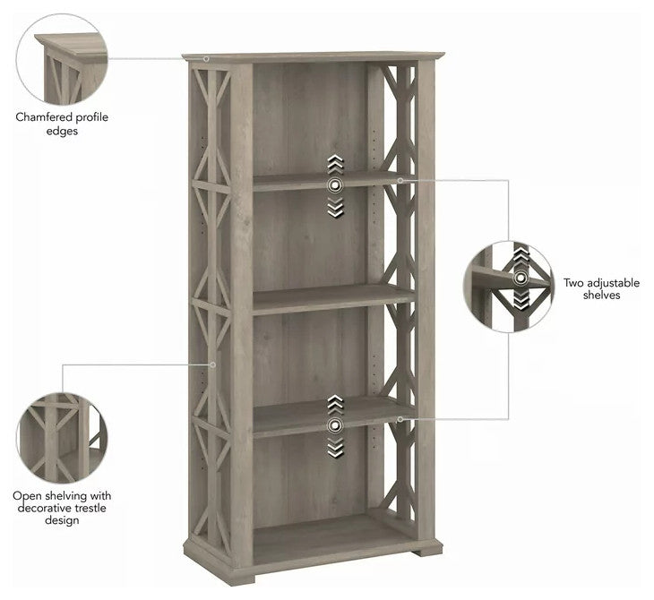 Farmhouse Bookcase, Open Shelves With Geometric Accented Sides, Drifted Gray