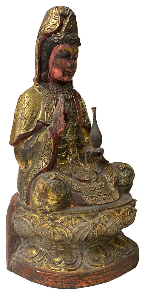 Vintage Chinese Wooden Carved Home Guardian Kwan Yin Figure Hws1162
