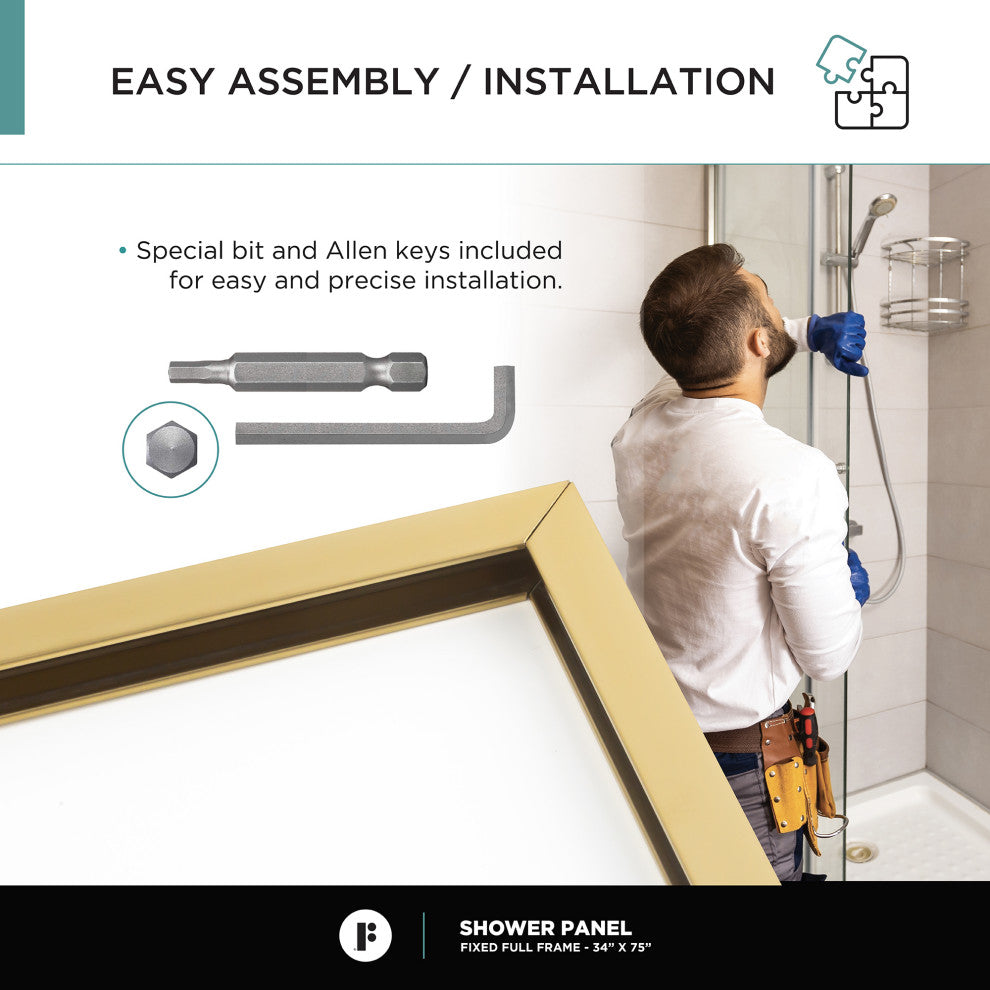 Single Fixed Glass Shower Panel - Clear Tempered Full Frame Shower Glass Door, Satin Brass, 34"