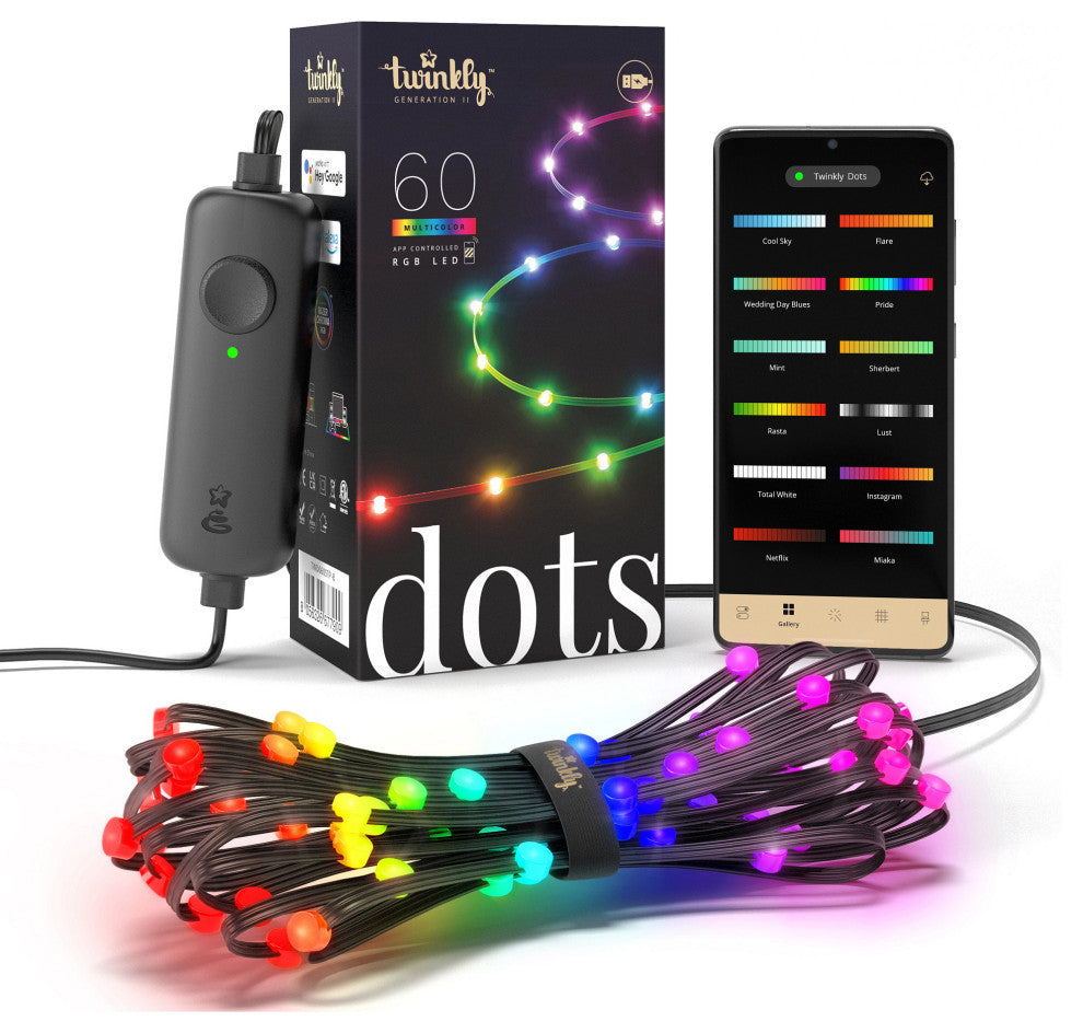 Twinkly Dots Indoor Smart Light String 60 RGB LEDs, Black Wire, Light Decor, 10'