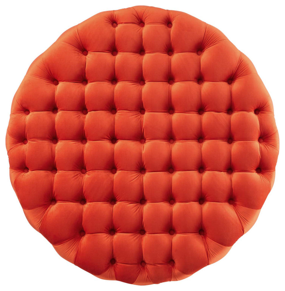 Amour Tufted Button Large Round Performance Velvet Ottoman, Orange