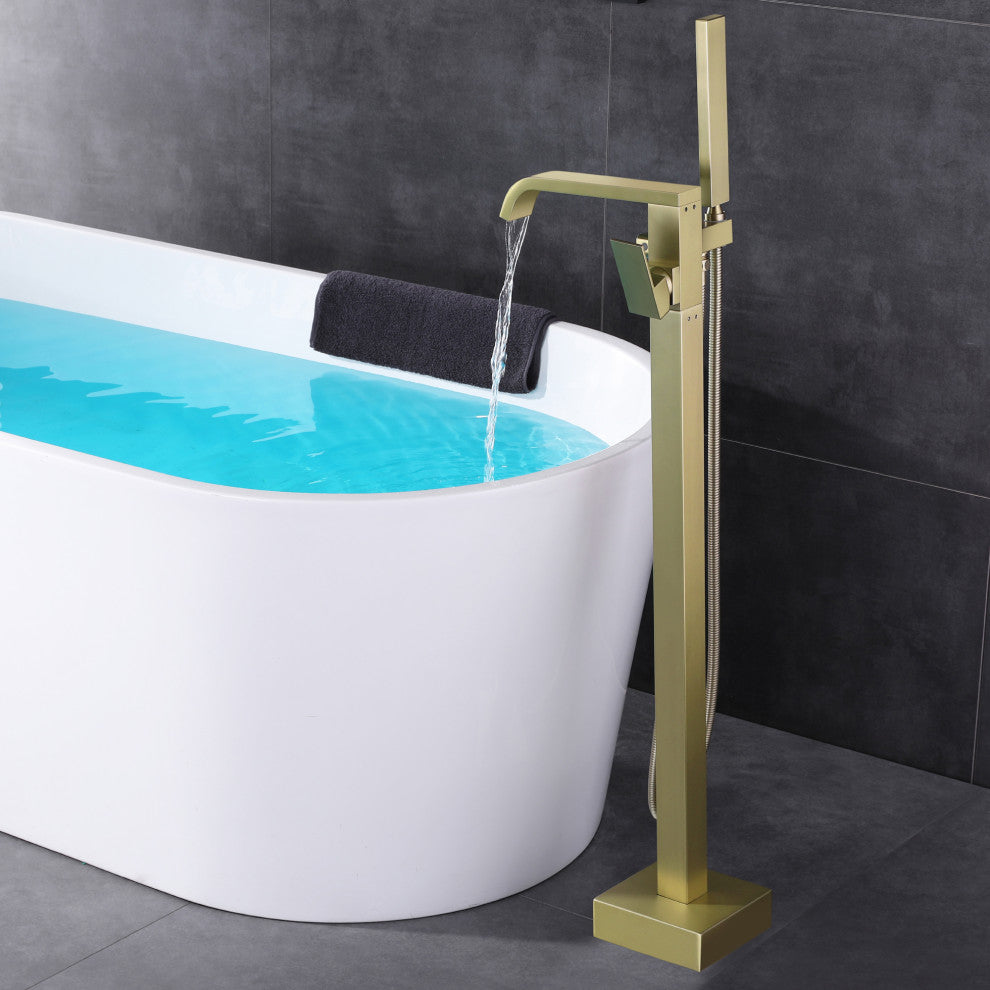 Wellfor Waterfall Bathroom Tub Faucet With Hand Held Shower, Brushed Gold