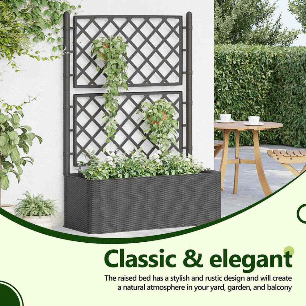 vidaXL Garden Raised Bed with Trellis, Self Watering Planter, Anthracite, PP