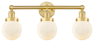 Small Edison Beacon 3-Light 25" Vanity Light, Satin Gold With Matte White Shade