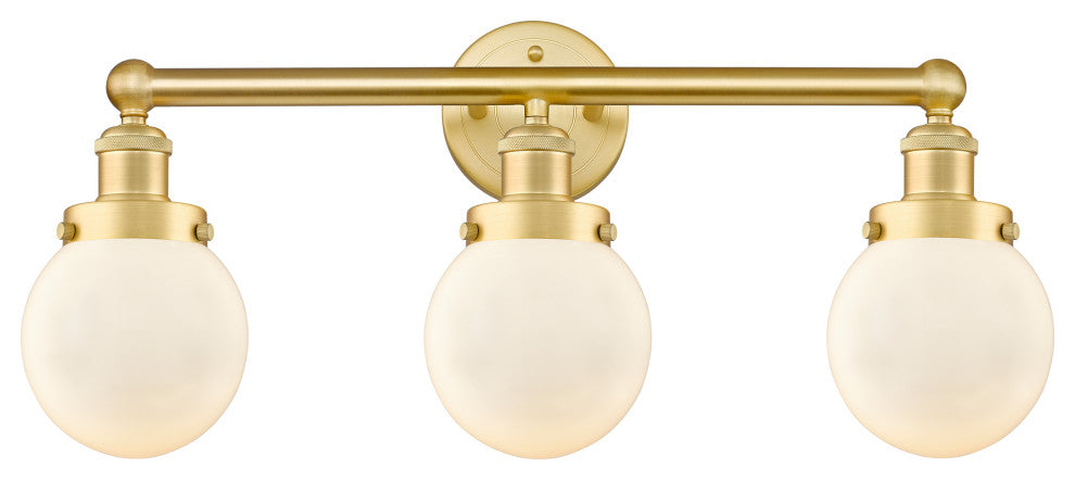 Small Edison Beacon 3-Light 25" Vanity Light, Satin Gold With Matte White Shade