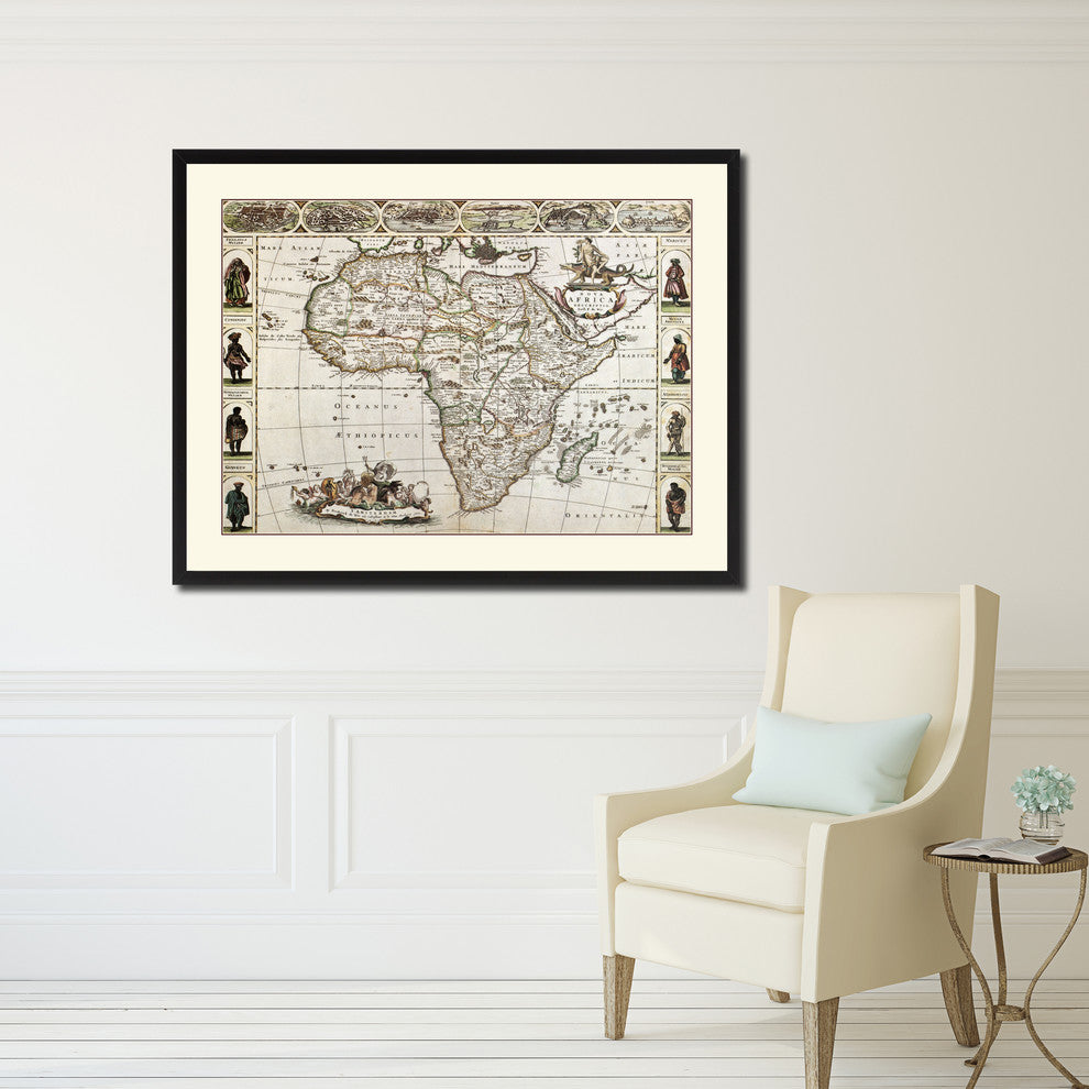 Africa Map Print On Canvas With Black Frame, 28" X 37"