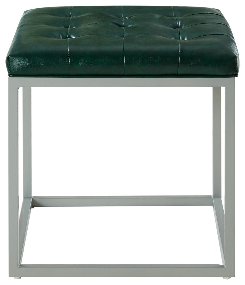 Teresa PU Leather Button Tufted Metal Frame Cube Ottoman, Green