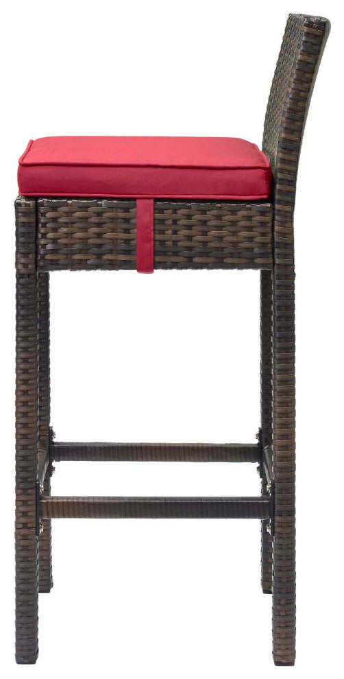 Outdoor Patio Bar Stool Chair, Set of Two, Fabric Rattan Wicker, Brown Red
