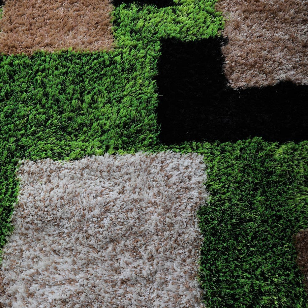 Hand Tufted Shag Polyester Area Rug Geometric Green Beige, [Square] 6'x6'