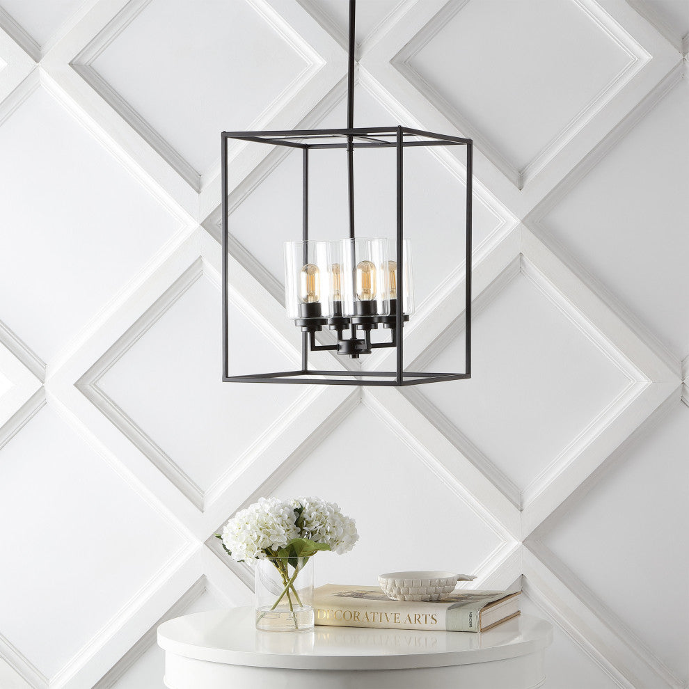 Everly 15.5" 4-Light Industrial Farmhouse Iron/Glass Pendant, Oil Rubbed Bronze