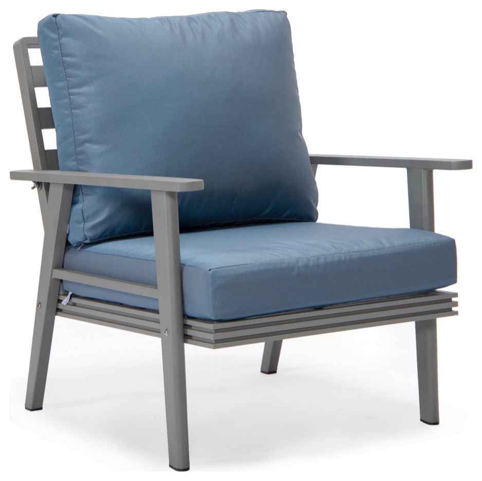 LeisureMod Walbrooke Grey Patio Sofa Set With Round Fire Pit Table, Navy Blue