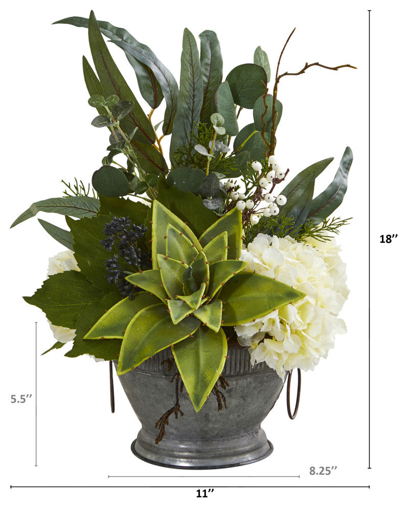 Hydrangea, Succulent & Eucalyptus Faux Arrangement, Vintage Bowl W/ Copper Trim