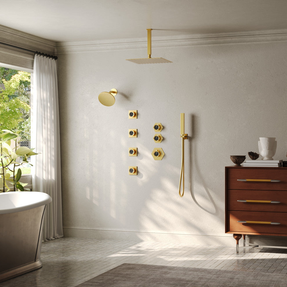 Themostatic Shower System 12" High-Pressure Dual Heads, Brushed Gold