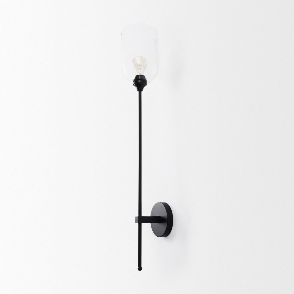 Clyde Matte Black Metal With Glass Round Wall Sconce, 35" x 8"