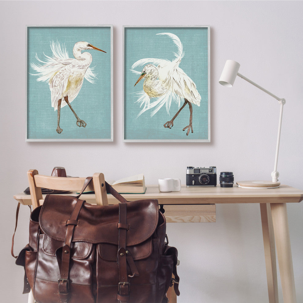 Dancing Heron Birds White Feathers over Blue,2pc, each 24 x 30