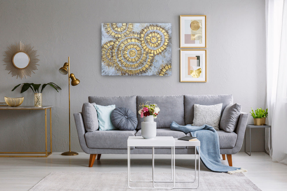 "Shiny Gold Circles" Abstract Canvas Art Hand Painted on Wrapped Canvas