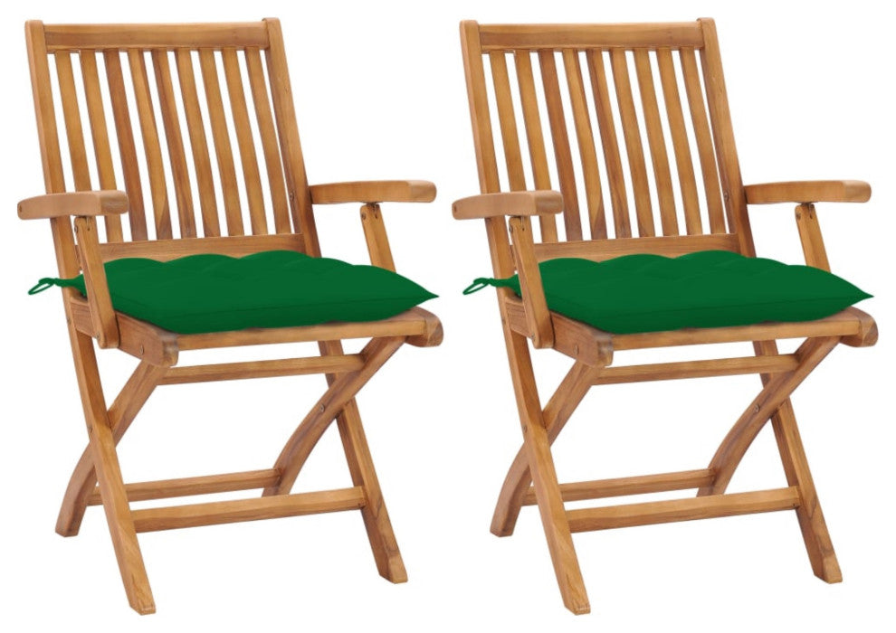 Vidaxl Garden Chairs, Set of 2, With Green Cushions Solid Teak Wood