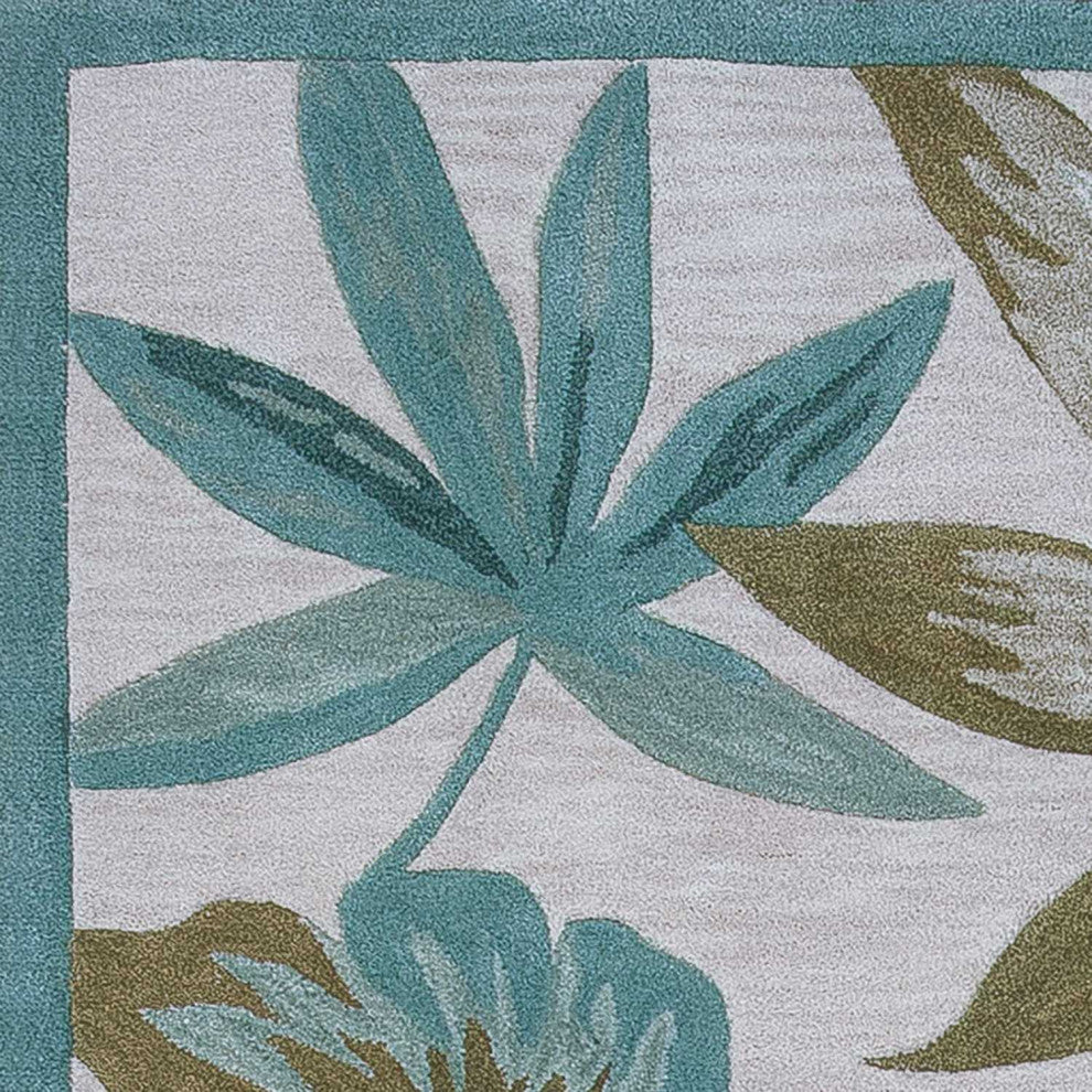 HomeRoots 3'x5' Ivory Teal Hand Tufted Tropical Leaves Round Indoor Area Rug