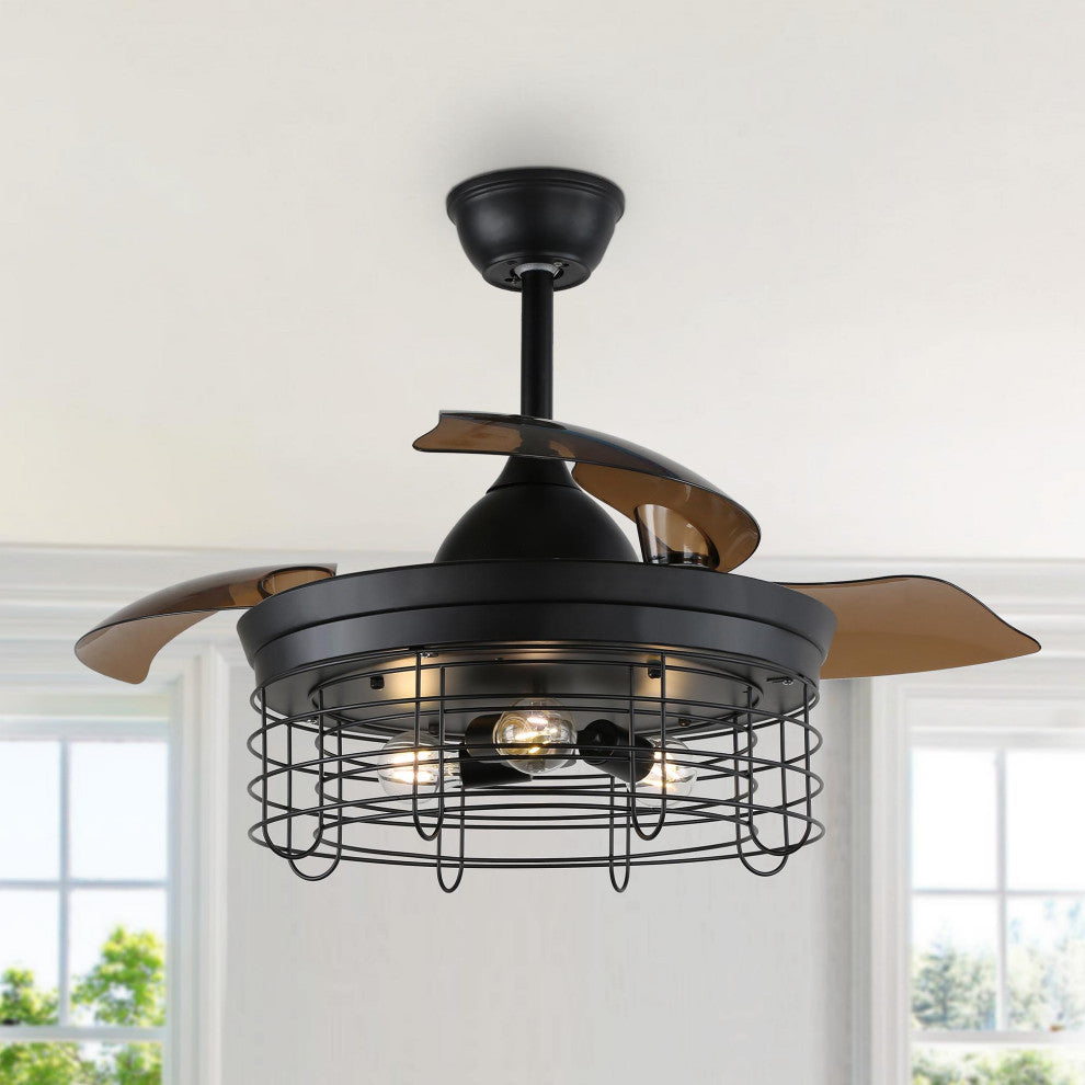 36" Black Industrial Retractable Ceiling Fan with Remote Control, Black