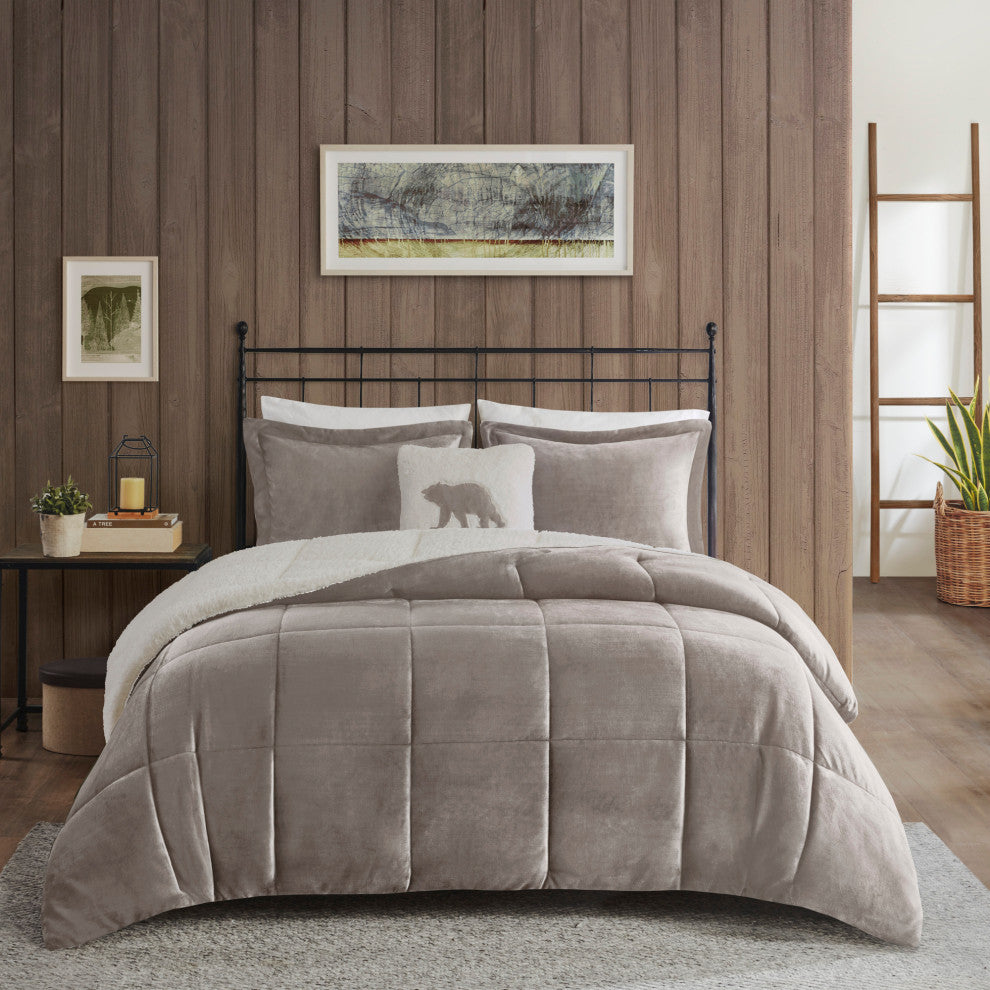 Woolrich Alton Plush to Sherpa Winter Comforter Set, Light Gray, King