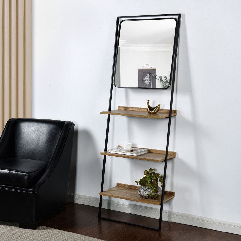 Lena Decorative Standing Shelves Square Mirror Wood Brown Finish