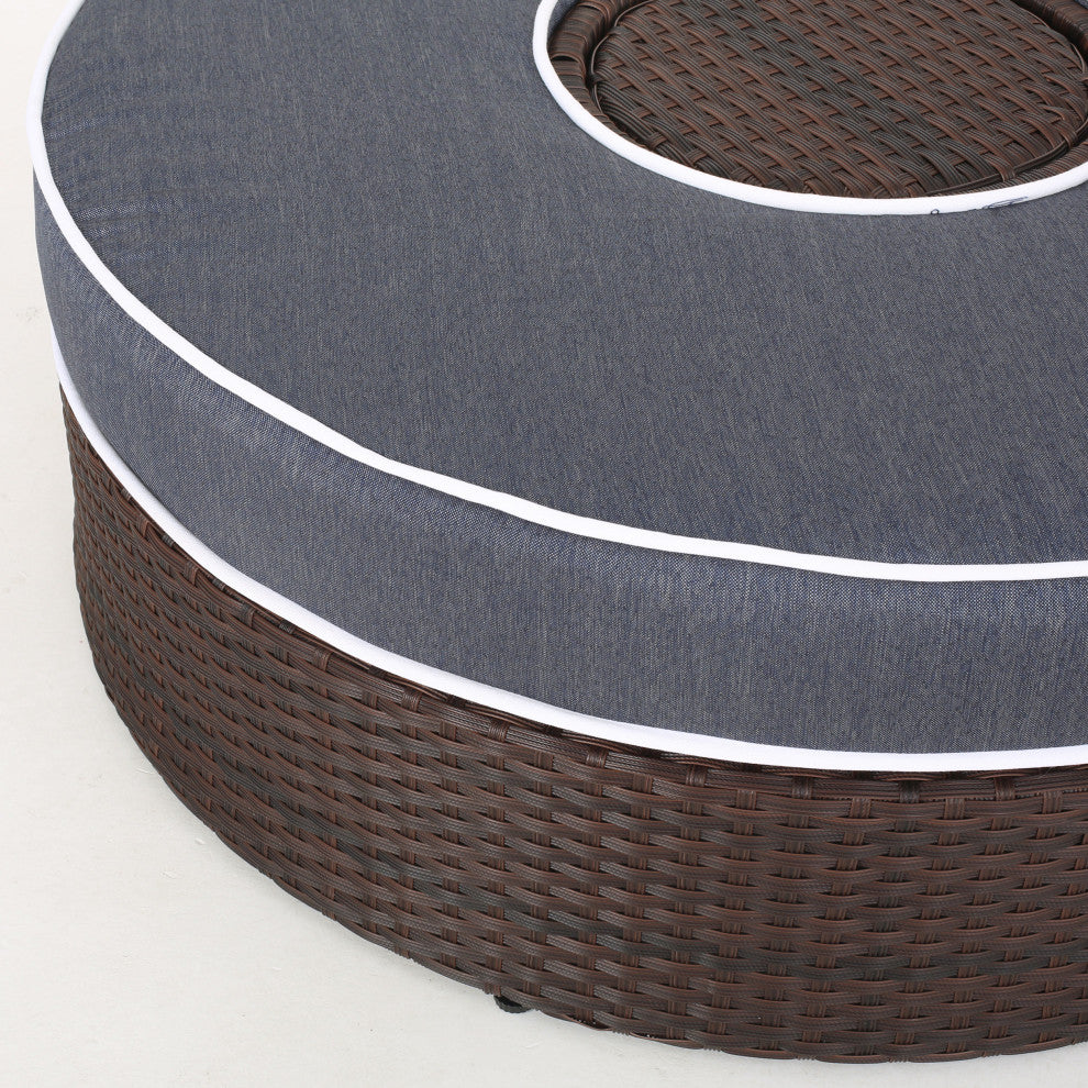 Mia Outdoor 4-Seater Wicker Curved Sectional Set With Wedge Tables, Navy, Ice Bucket Ottoman