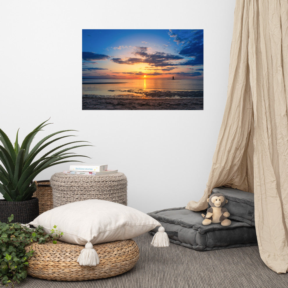 Sunset at Breakwater Lighthouse Coastal Landscape Unframed Wall Art Print, 24" X 36"