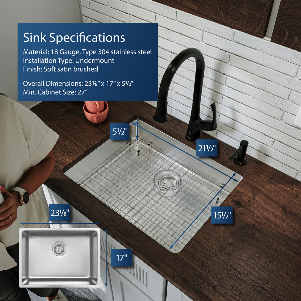 Karran NC-425 23" Undermount Single Bowl Stainless Steel Kitchen Sink