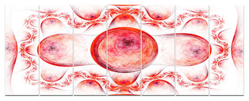 Red Exotic Pattern on White, Abstract Art on Canvas, 83"x32", 7 Panels