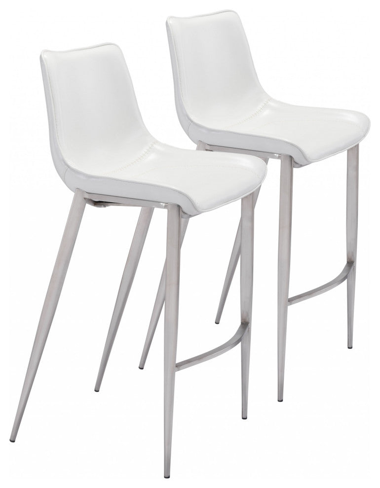 Set of Two White Faux Leather and Steel Modern Stitch Bucket Bar Chairs