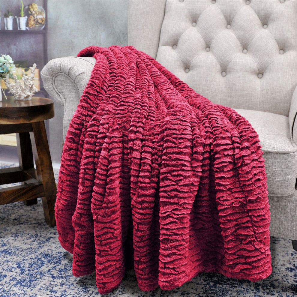 Air Brushed Colleen Oversized Faux Fur Throw Blanket, Burgundy, 60x70