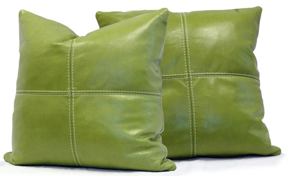 Square Genuine Leather Accent Throw Pillows, Set of 2, Kiwi Green, 22"x22"