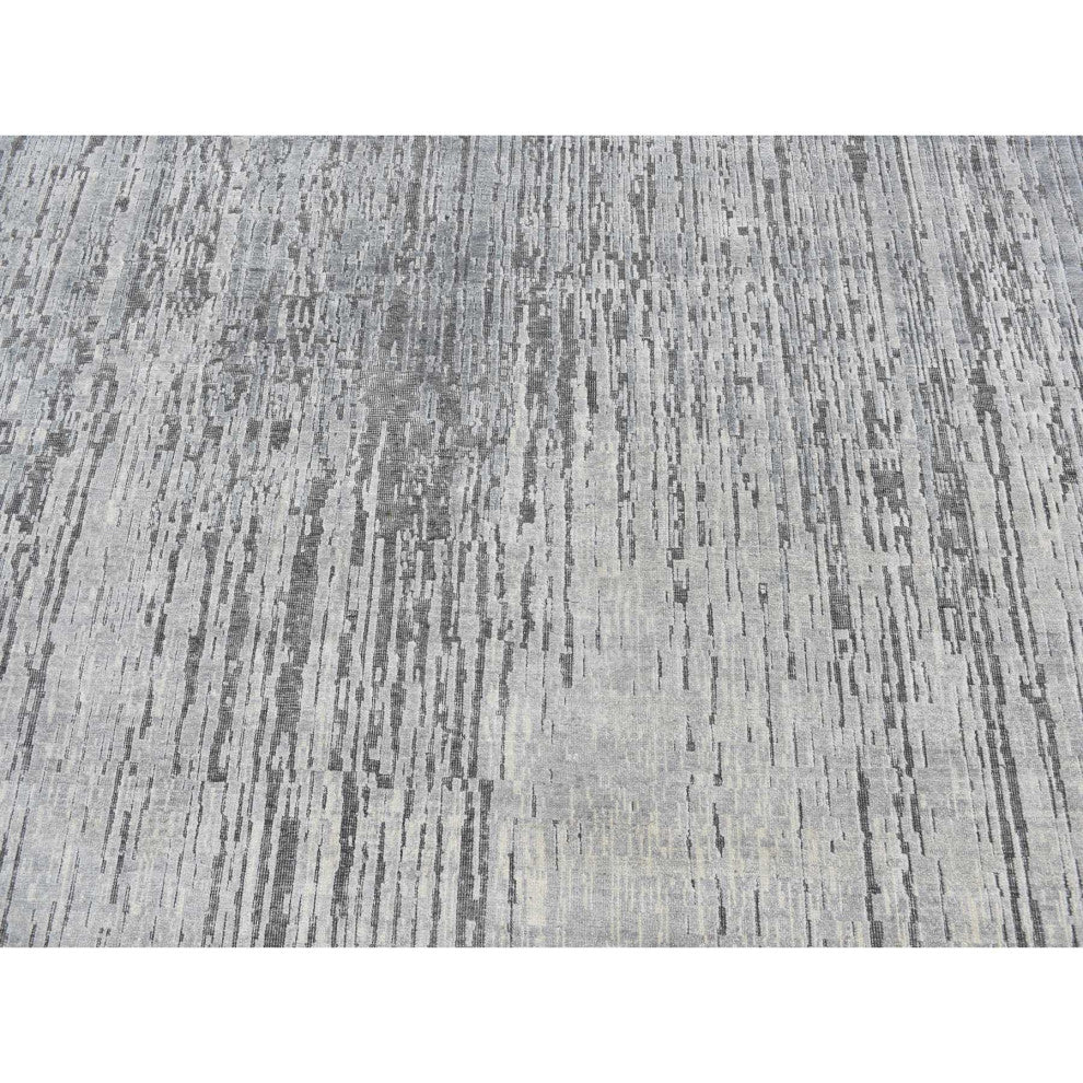 Medium Gray, Vertical Ombre Design, Pure Silk, Hand Knotted, Rug, 9'x11'10"