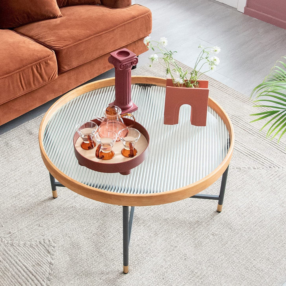 Farmhouse Glass Coffee Table, Rubberwood Tray and Metal Frame, Reeded Pattren