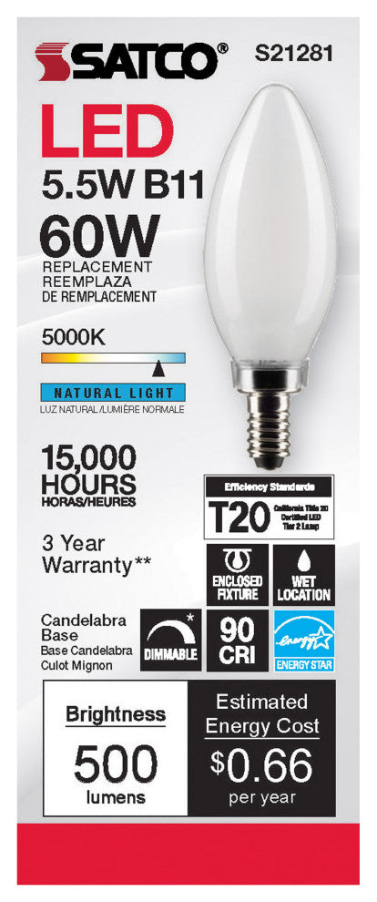 5.5W B11 LED, Frost, Candelabra Base, 90 CRI, 5000K, 120V