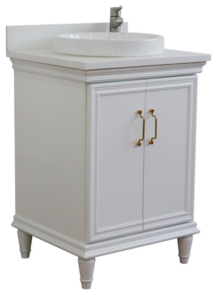 25" Single Vanity, White Finish With White Engineered Stone Top And Round Sink