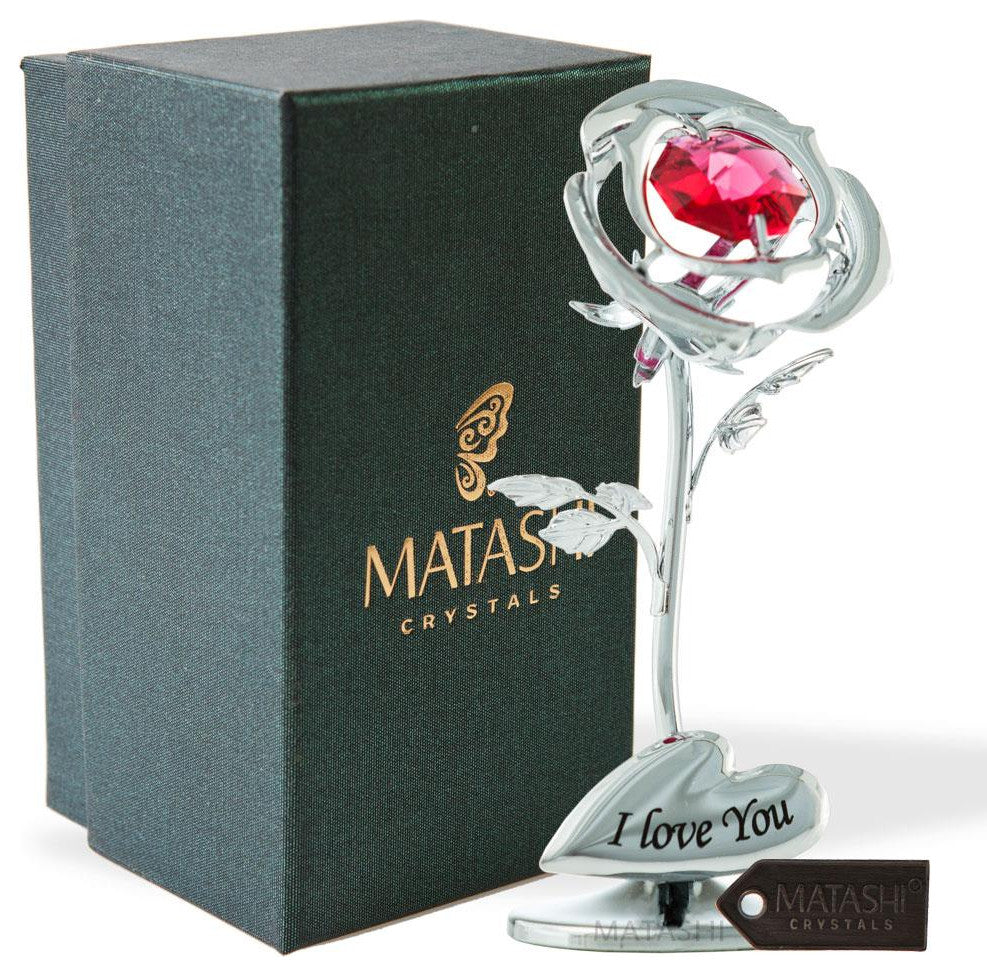 Matashi Chrome Plated Silver Rose Flower Tabletop Ornament With Red Crystals