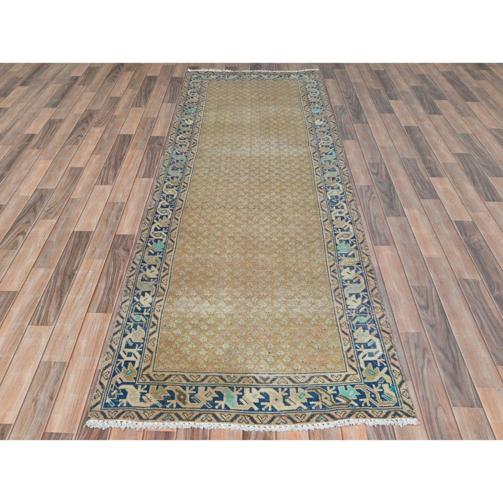 Mocha Brown Vintage Persian Serab Hand Knotted Pure Wool Runner Rug, 3'3"x9'9"