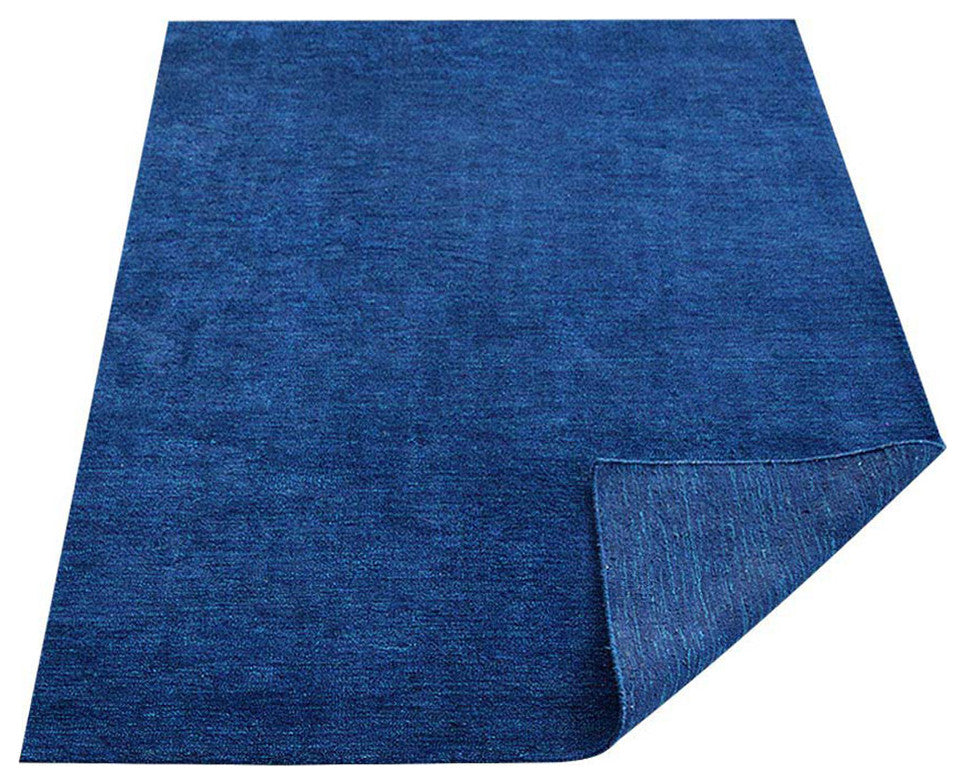 HAND KNOTTED LOOM SILK ECO-FRIENDLY AREA RUGS-Dark Blue Color,Solid Design, [Rectangle] 6'x9'