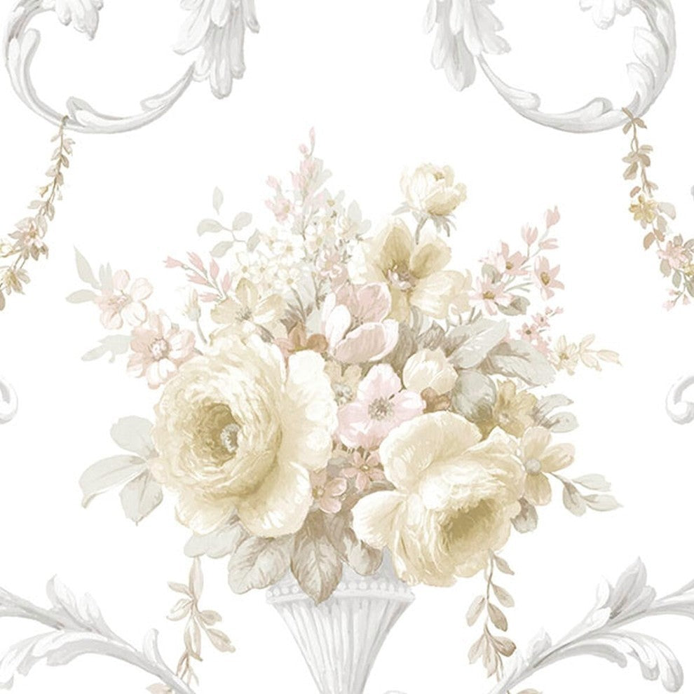 Silk Impressions 2, Contemporary Floral White, Beige Wallpaper Sample