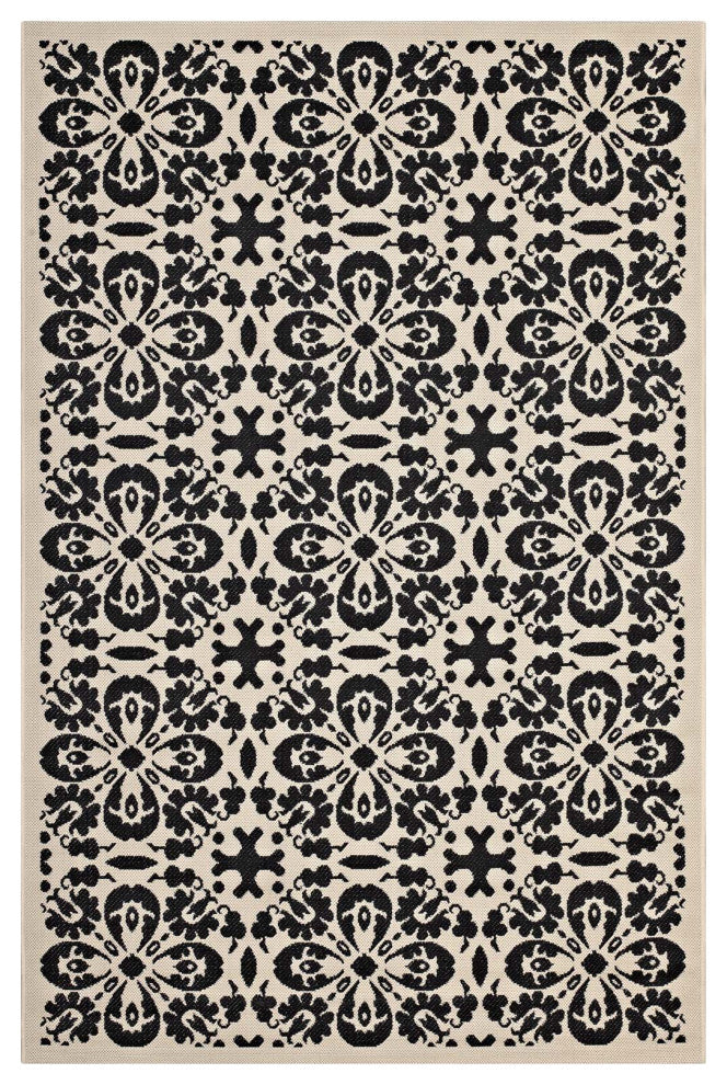 Black and Beige Ariana Vintage Floral Trellis 8x10 Indoor and Outdoor Area Rug