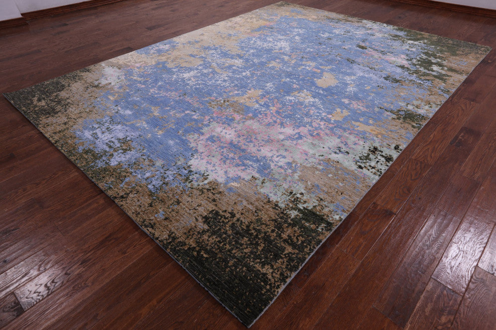 8' 11" X 12' 1" Wool and Silk Abstract Hand-Knotted Rug Q7194