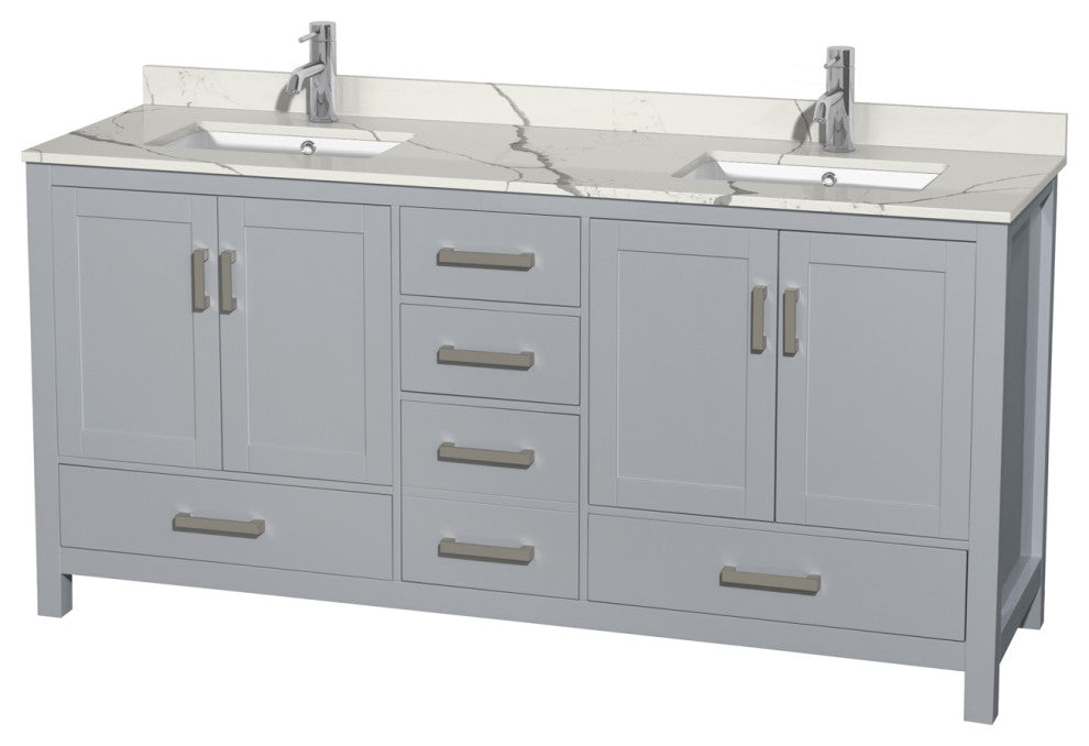 Sheffield 72" Gray Double Vanity, Calacatta Quartz Top, Square Sinks, No Mirror