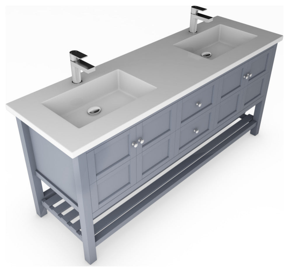 CastelloUSA Alicia 72" Freestanding Vanity Set, Gray, White Top, Chrome Handles
